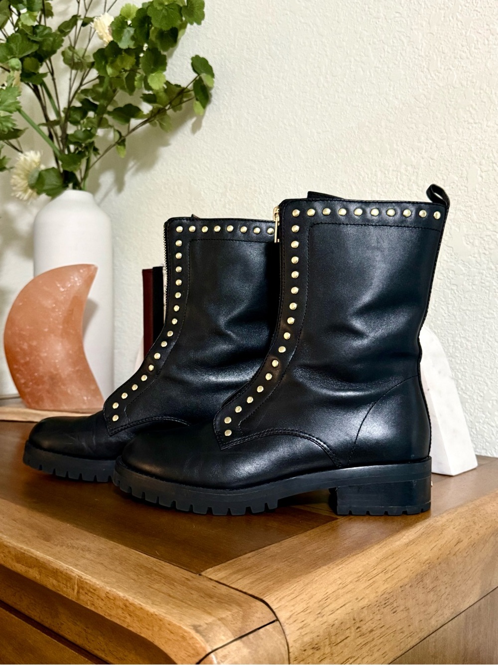 Coach Black Leather 'Lara' Gold Studs Womens Boots Zip Up | Size 7